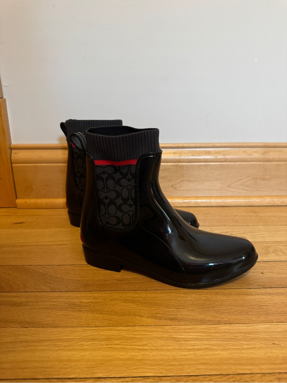 Coach Black Patent Rain Chelsea Boots with Red Accent - Picture 4 of 7